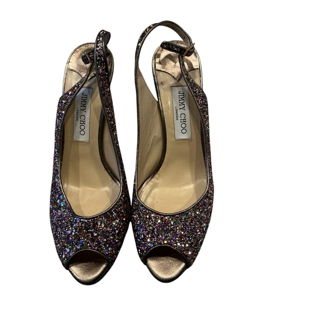 Jimmy Choo Clue platform peep toe multicolored bling slingback heel shoes Sz 40